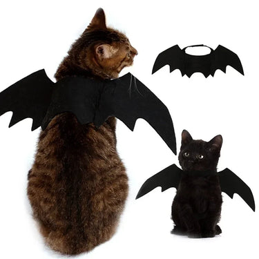 Two cats in KittyNook Cat Co. Halloween Bat Wing Cat Costume with adjustable straps, plus close-up of the costume.